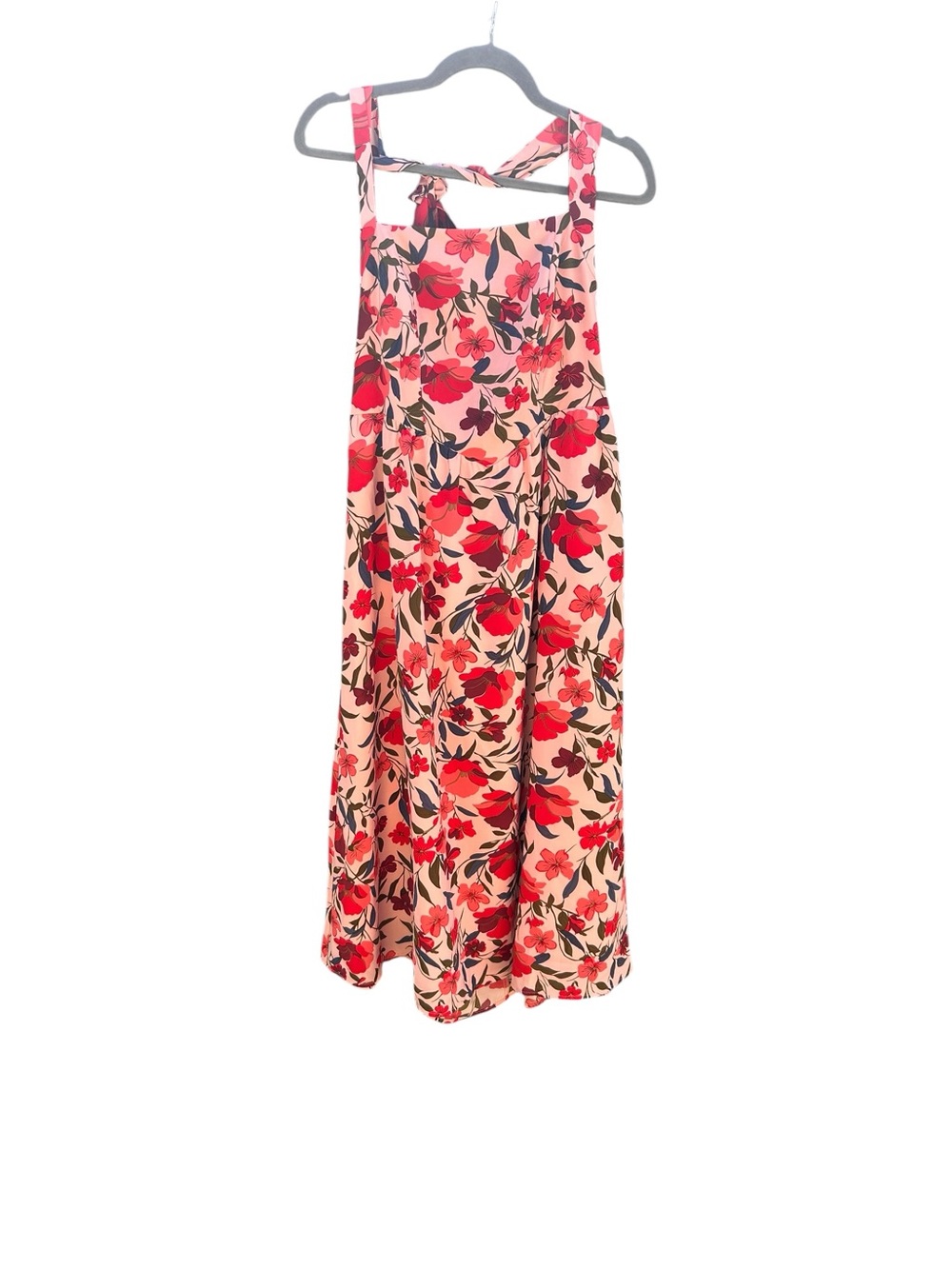 Zesica Sleeveless Halter Pink Midi Dress with Red Floral Print